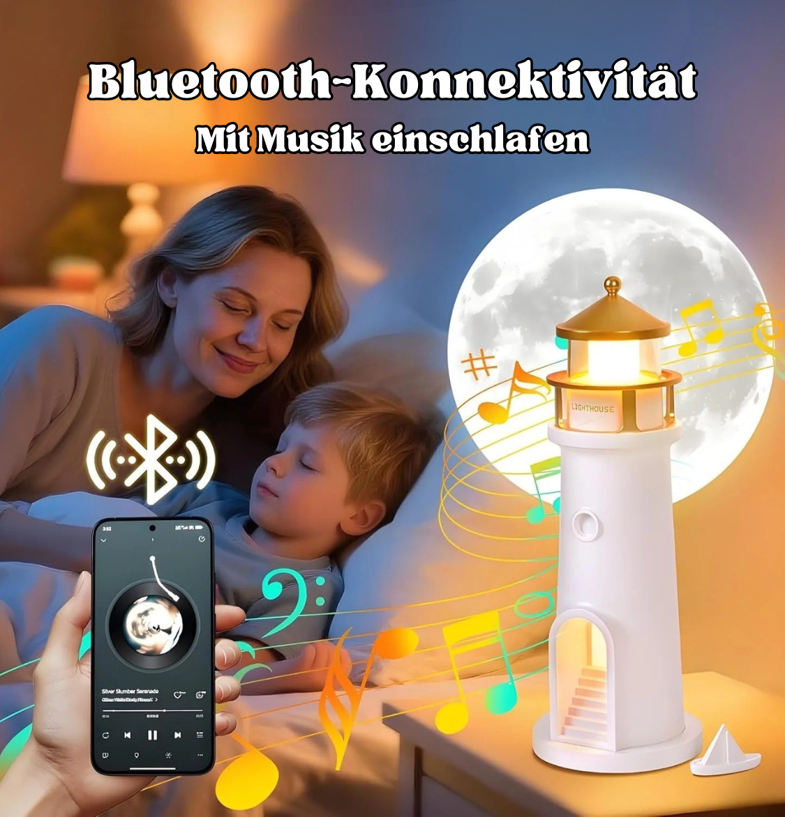 Magische Leuchtturm‑Lampe mit Mond­licht-Projektion