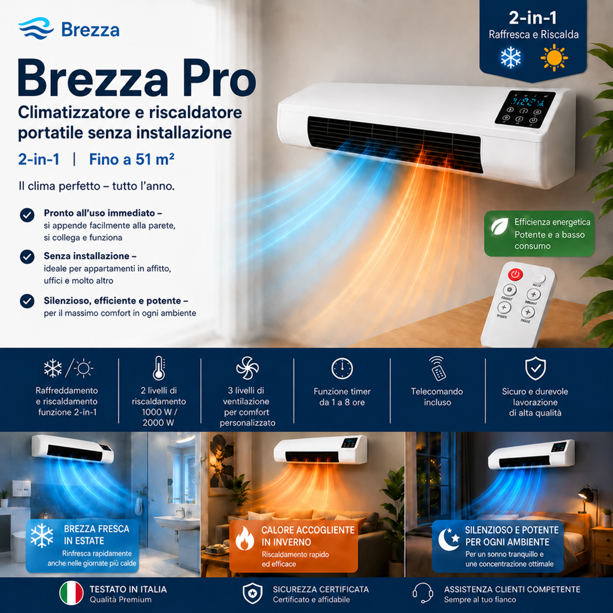 Brezza Pro – Klimagerät & Heizlüfter ohne Installation | 2-in-1 | Bis zu 51 m²