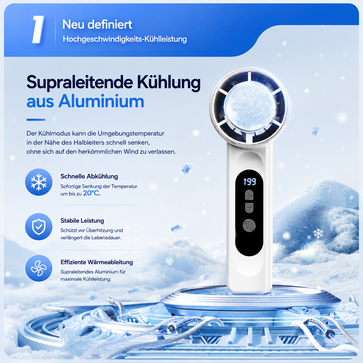 EisLuft Pro™ - Persönlicher Ventilator mit aktiver Sofortkühlung — 199 Stufen, ein Knopfdruck, sofort spürbar kühler.