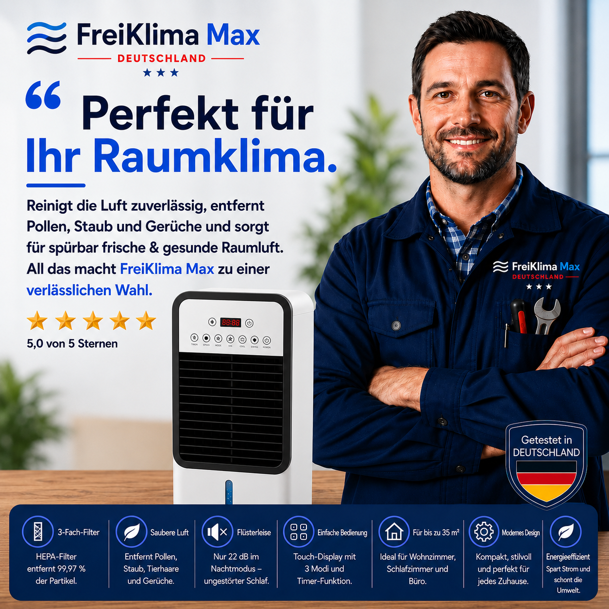 FreiKlima Max - Mobiler Allround-Klimatiseur – Kühlt im Sommer, Heizt im Winter | Ohne Installation