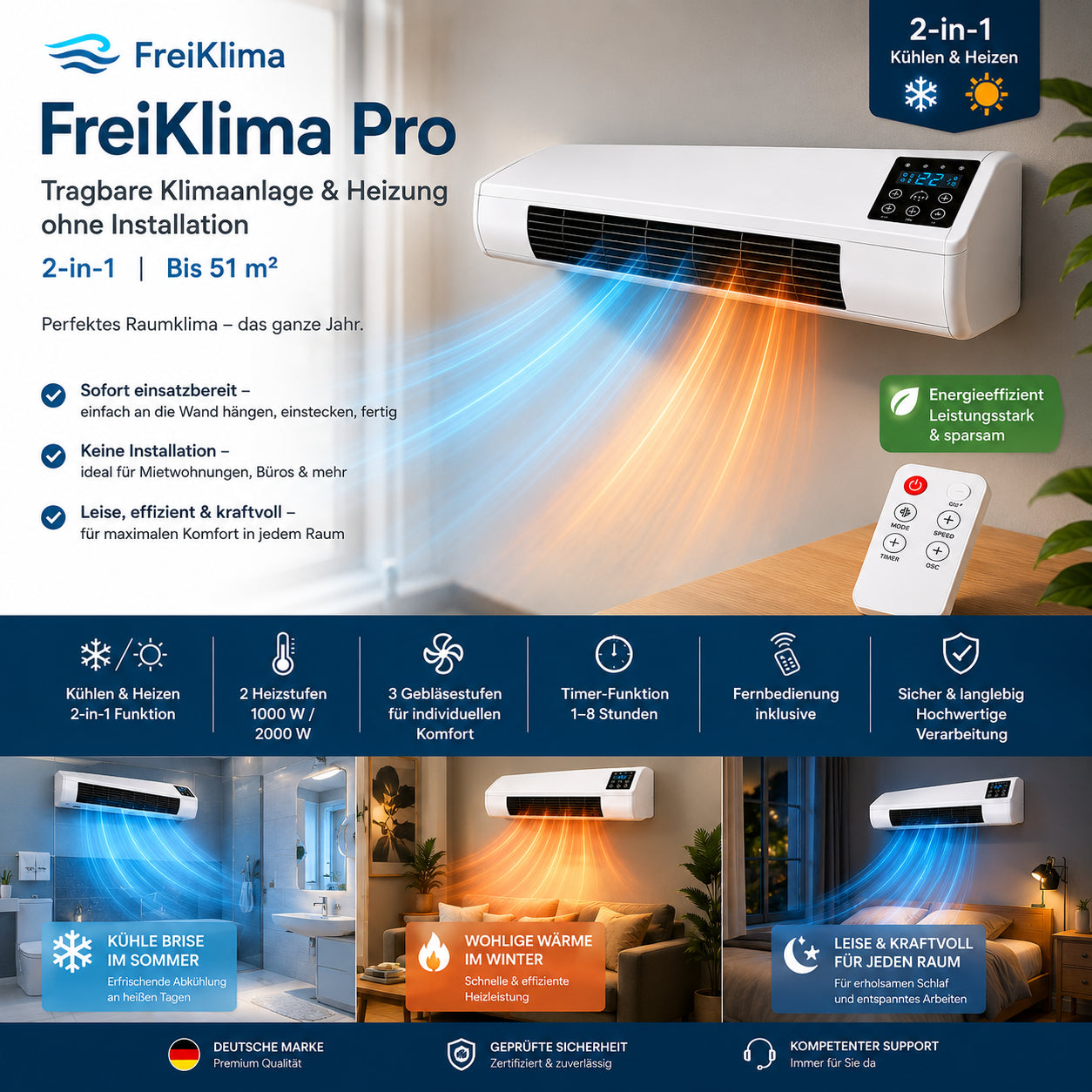 FreiKlima Pro – Tragbare Klimaanlage & Heizung ohne Installation | 2-in-1 | Bis 51 m²