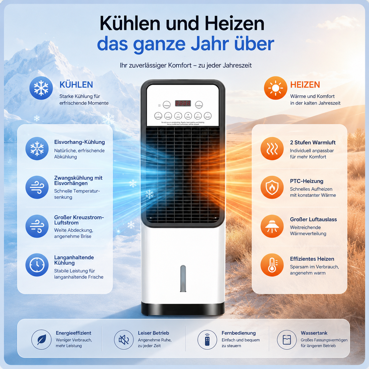 FreiKlima Max - Mobiler Allround-Klimatiseur – Kühlt im Sommer, Heizt im Winter | Ohne Installation