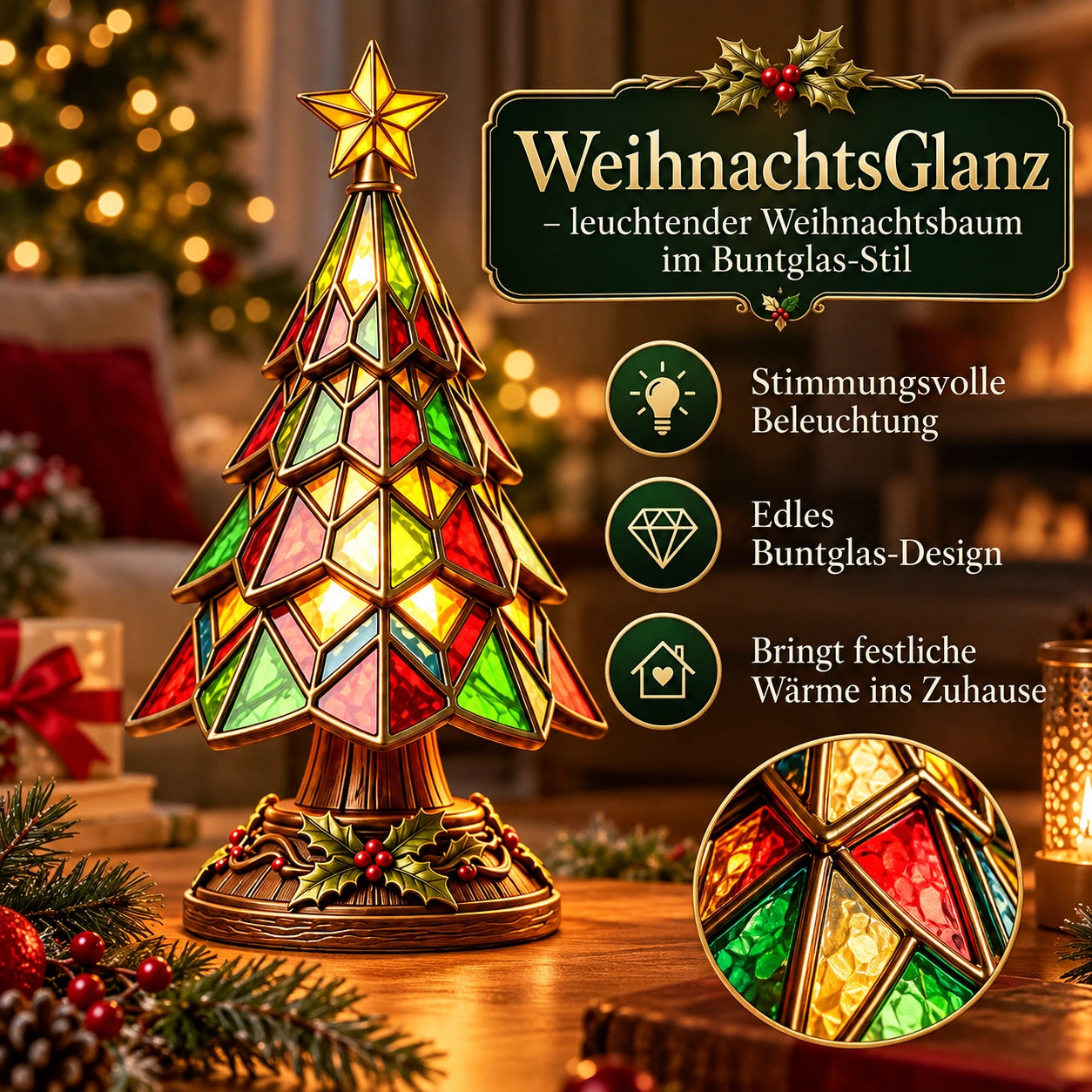 WeihnachtsGlanz – leuchtender Weihnachtsbaum im Buntglas-Stil