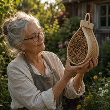 Lade das Bild in den Galerie-Viewer, Wildbienenhotel „Gartenfreund" – Handgeflochten aus Bambus &amp; Hartholz
